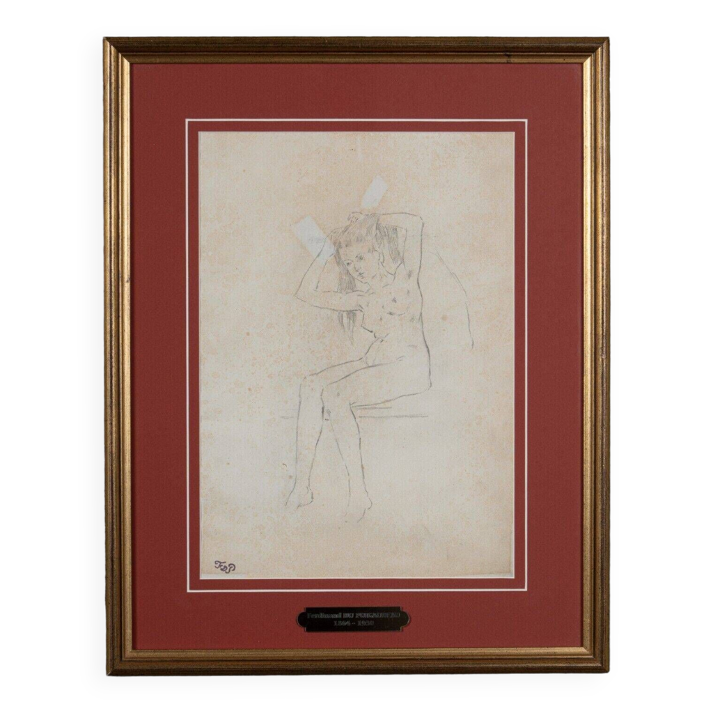 Dessin de femme nue Le Modèle par Ferdinand du Puigaudeau cadre doré