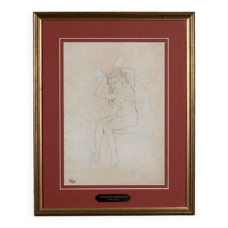 Dessin de femme nue Le Modèle par Ferdinand du Puigaudeau cadre doré