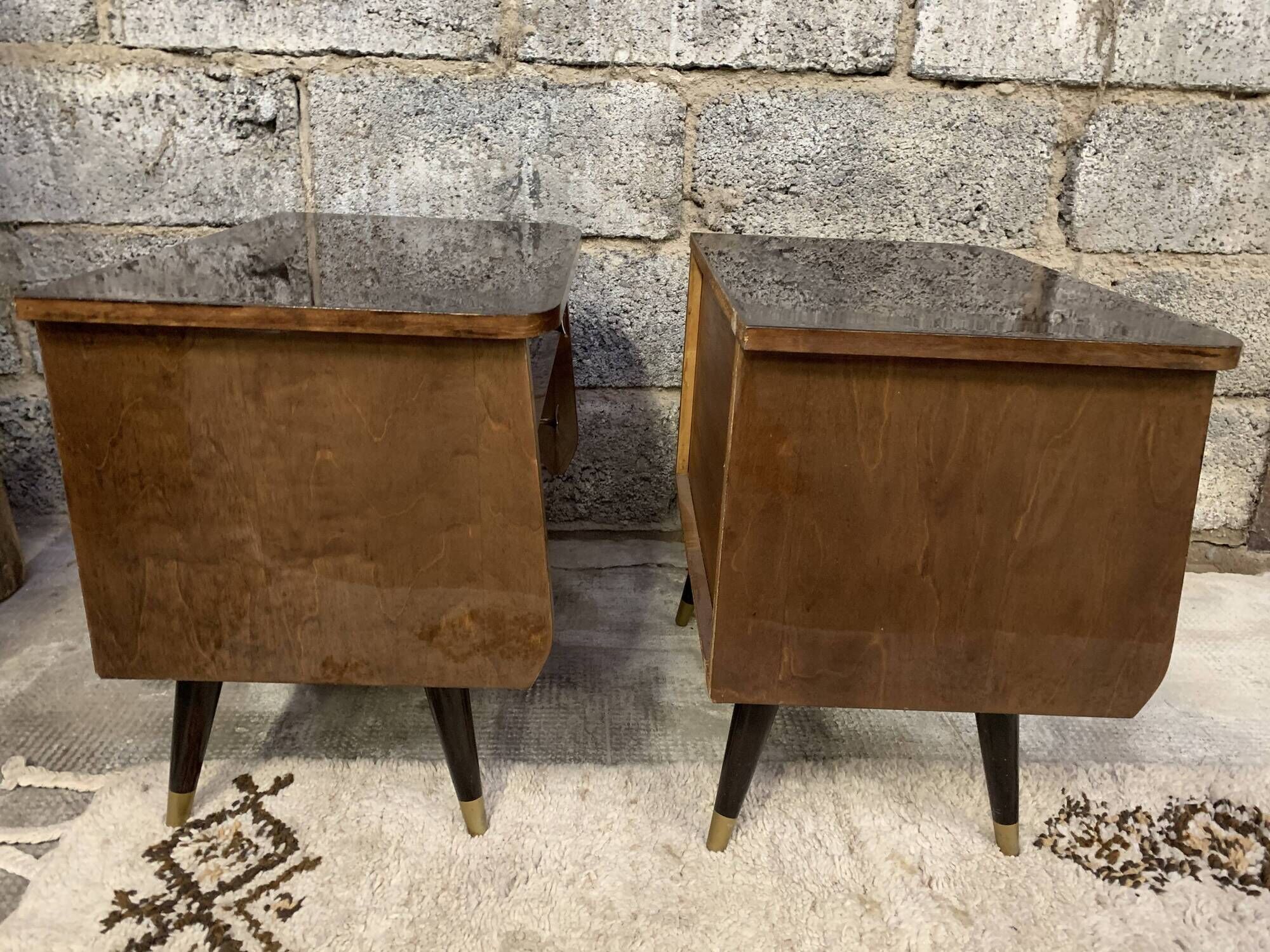 Pair of night tables feet compass bedside end of vintage sofa old 1950 1960 retro