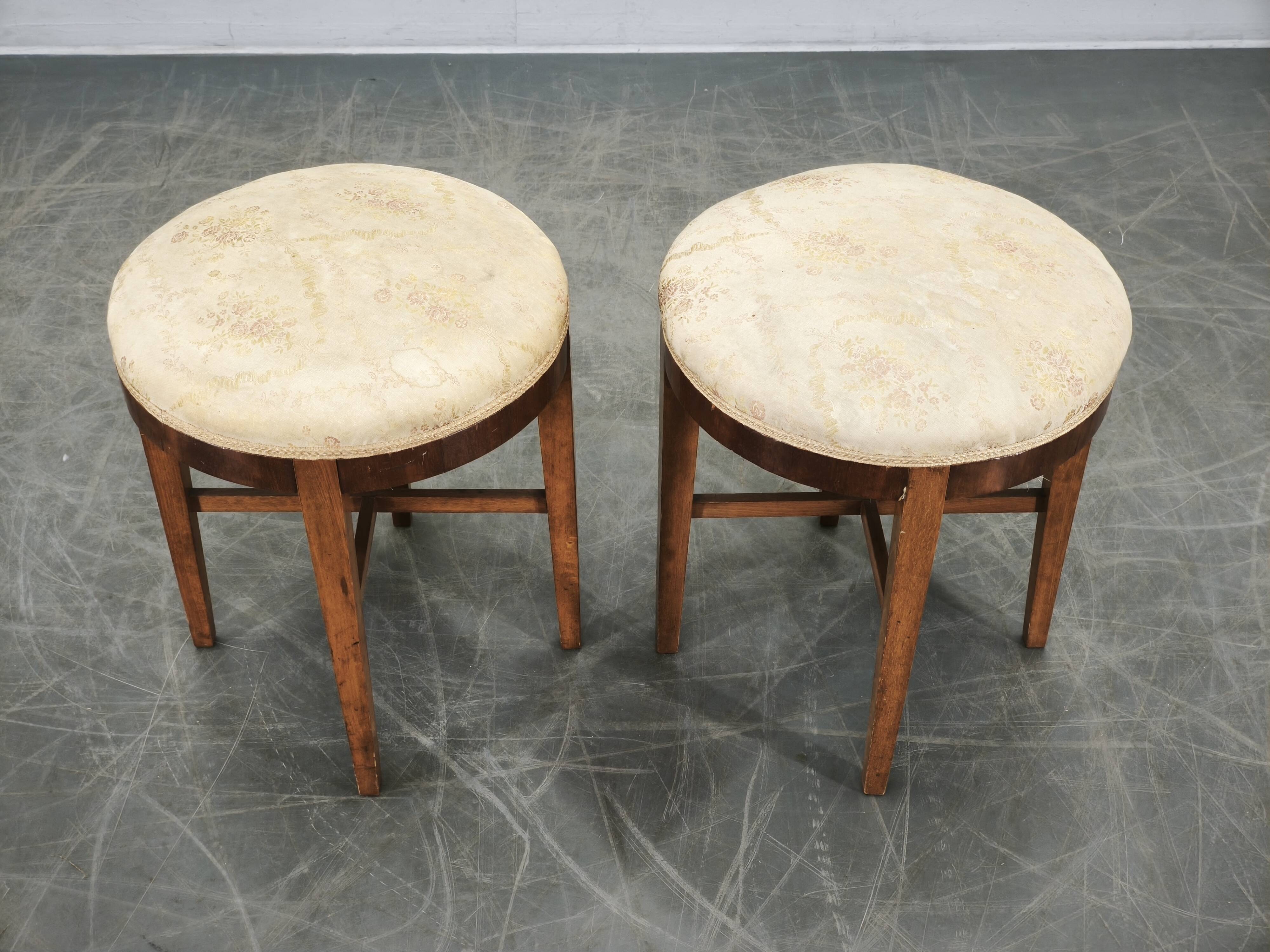 Pair of Art Deco Walnut and Beech Stools, Czechoslovakia, 1930s