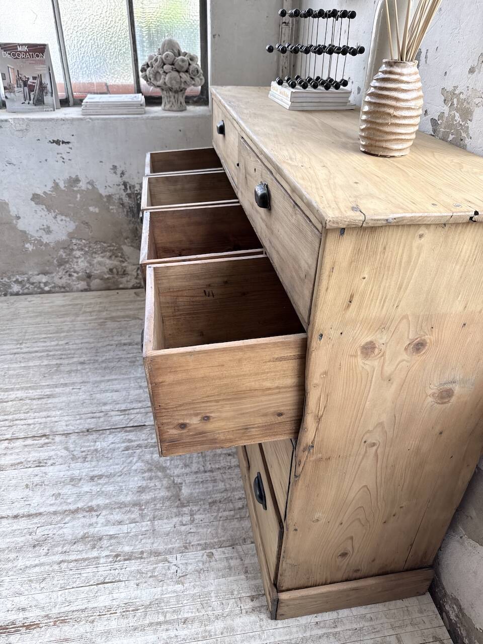 1950s pine workshop cabinet with drawers