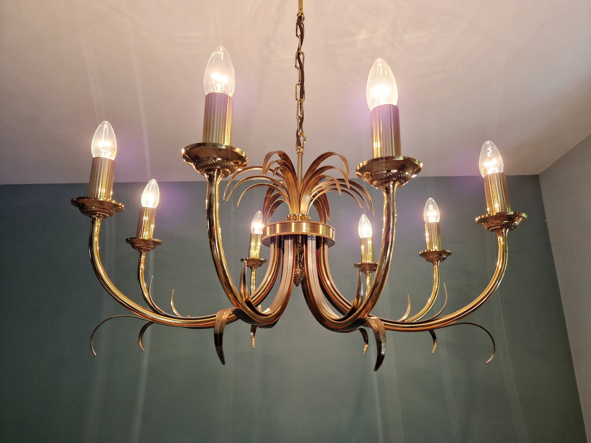 Brass chandelier, pineapple leaf decoration, Boulanger, 1970