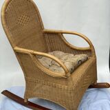 Rocking-chair vintage rotin et teck