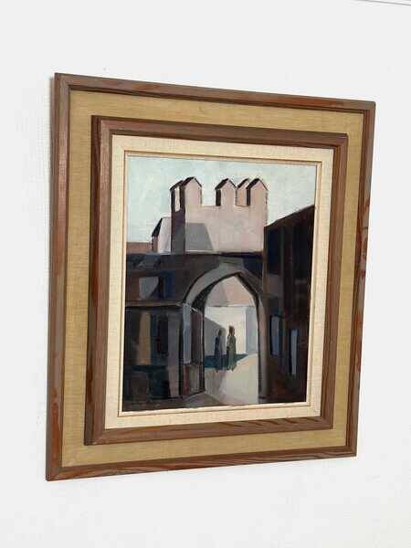 Original mid-century Swedish oil on canvas – “Entrance” by Reuben Hedin – vintage & framed – 55 × 63 cm