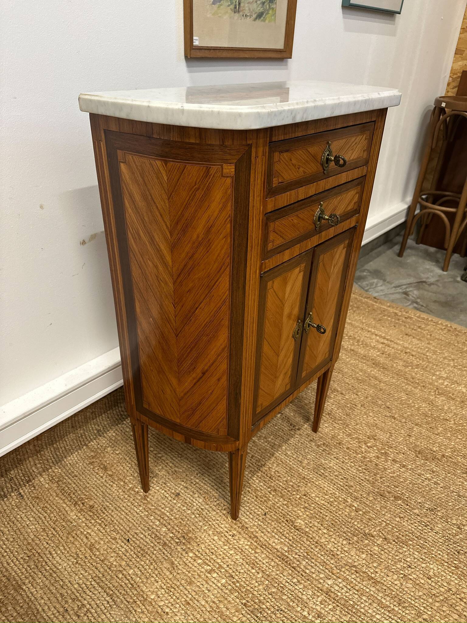 Small half-moon chest of drawers in Louis XVI style – marquetry and marble top
