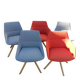 Set of 5 inclass armchairs in fabric and wood – coral red and grey