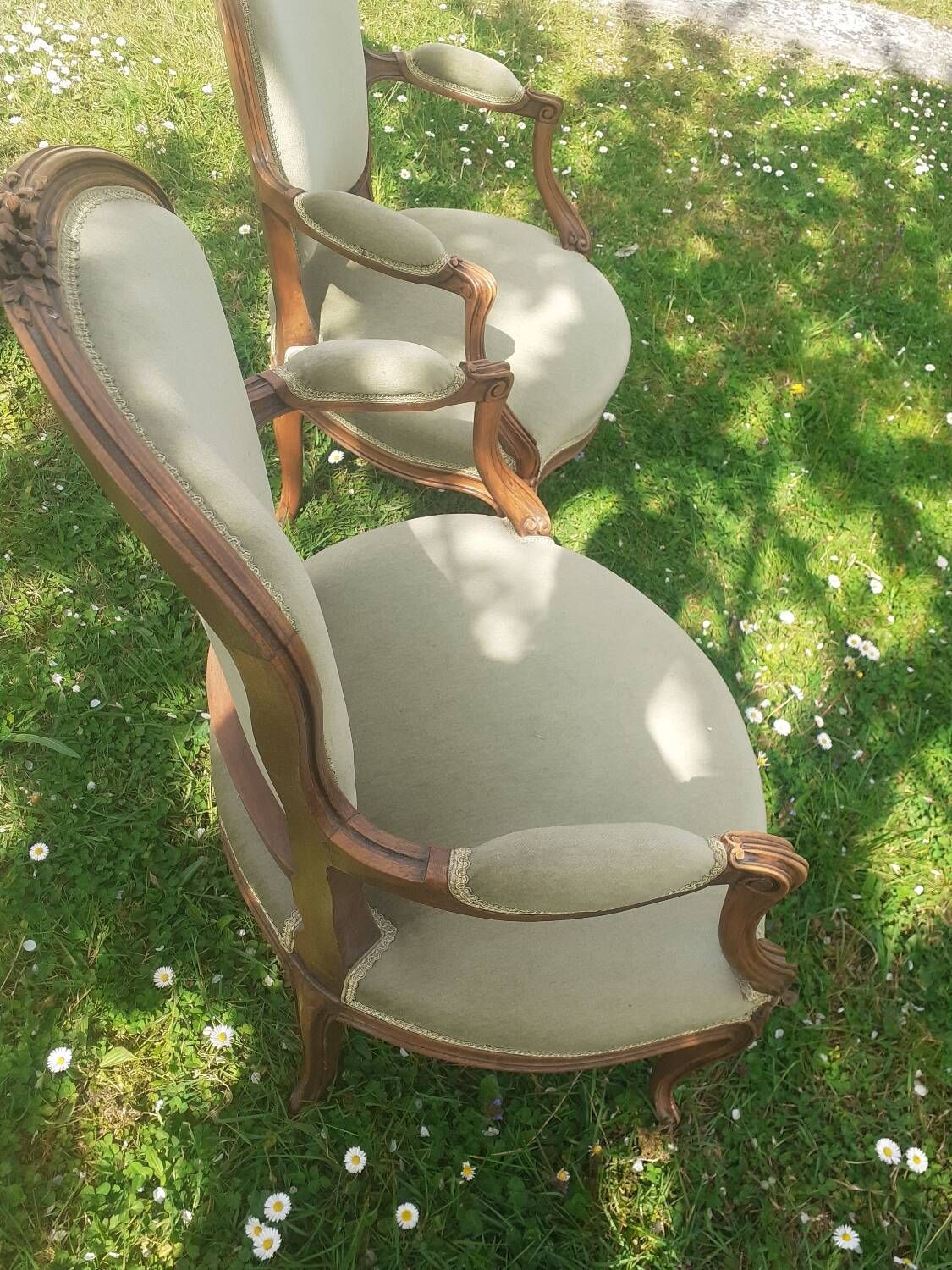 Pair of Rocaille style armchairs in green fabric and walnut, 19th century