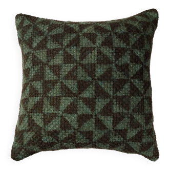 Housse de coussin artisanale indien Kantha vert noir tissée main