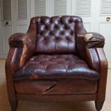 Worn Leather Buttoned Library Fireside Armchair, 1840's