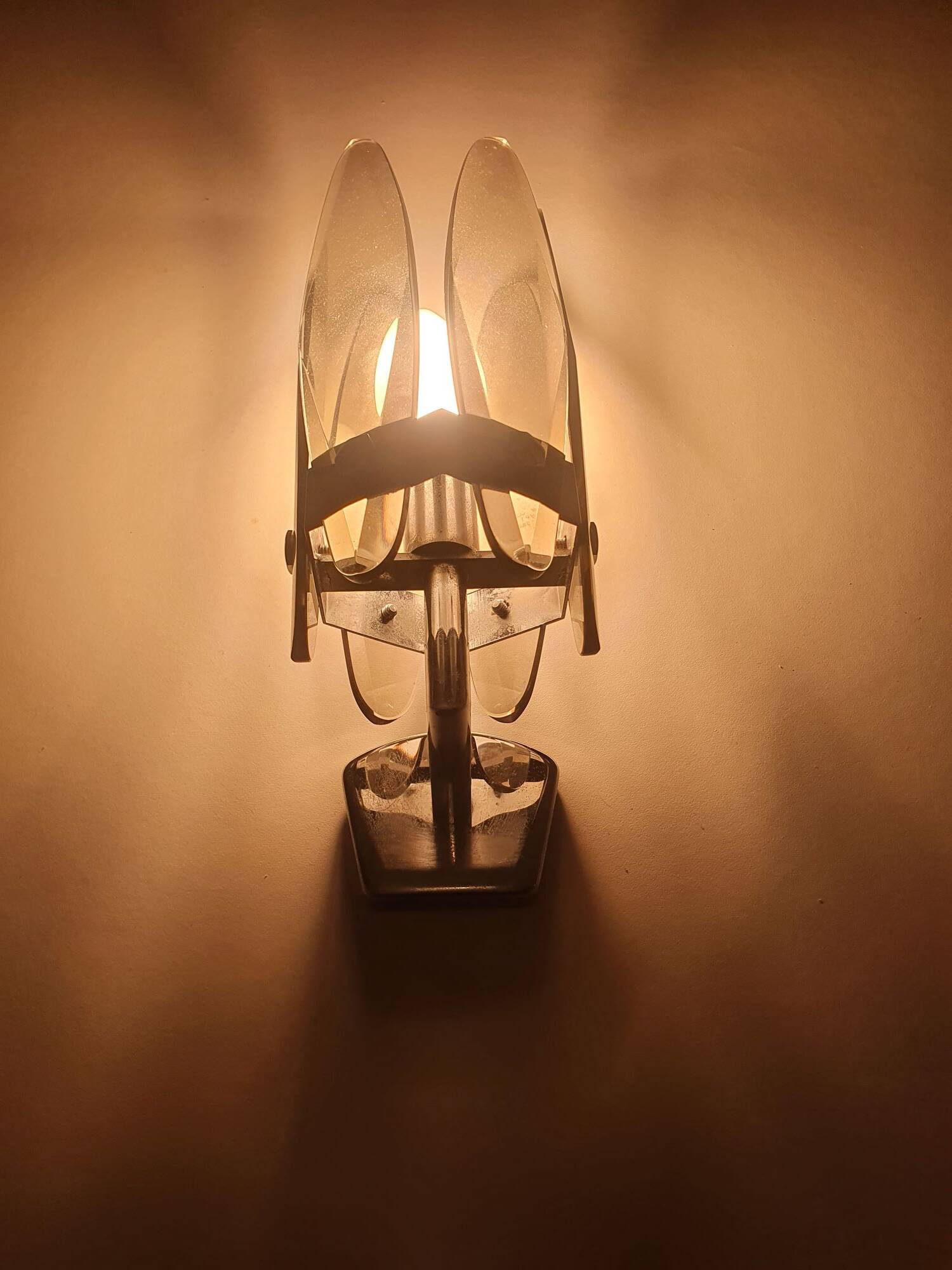 Pair of vintage Italian chrome wall sconces with smoked glass