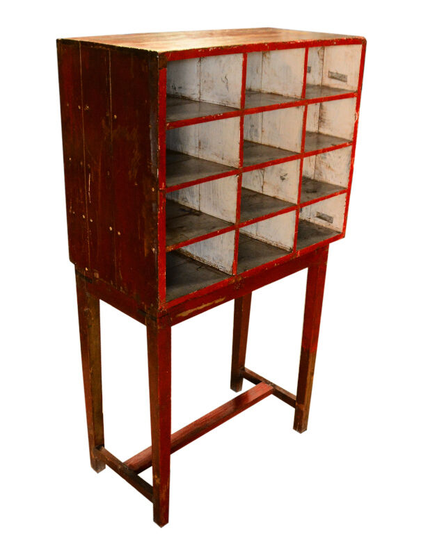 Red shelf 12 boxes old postal locker teak wood piece and original patina 77x41x138cm