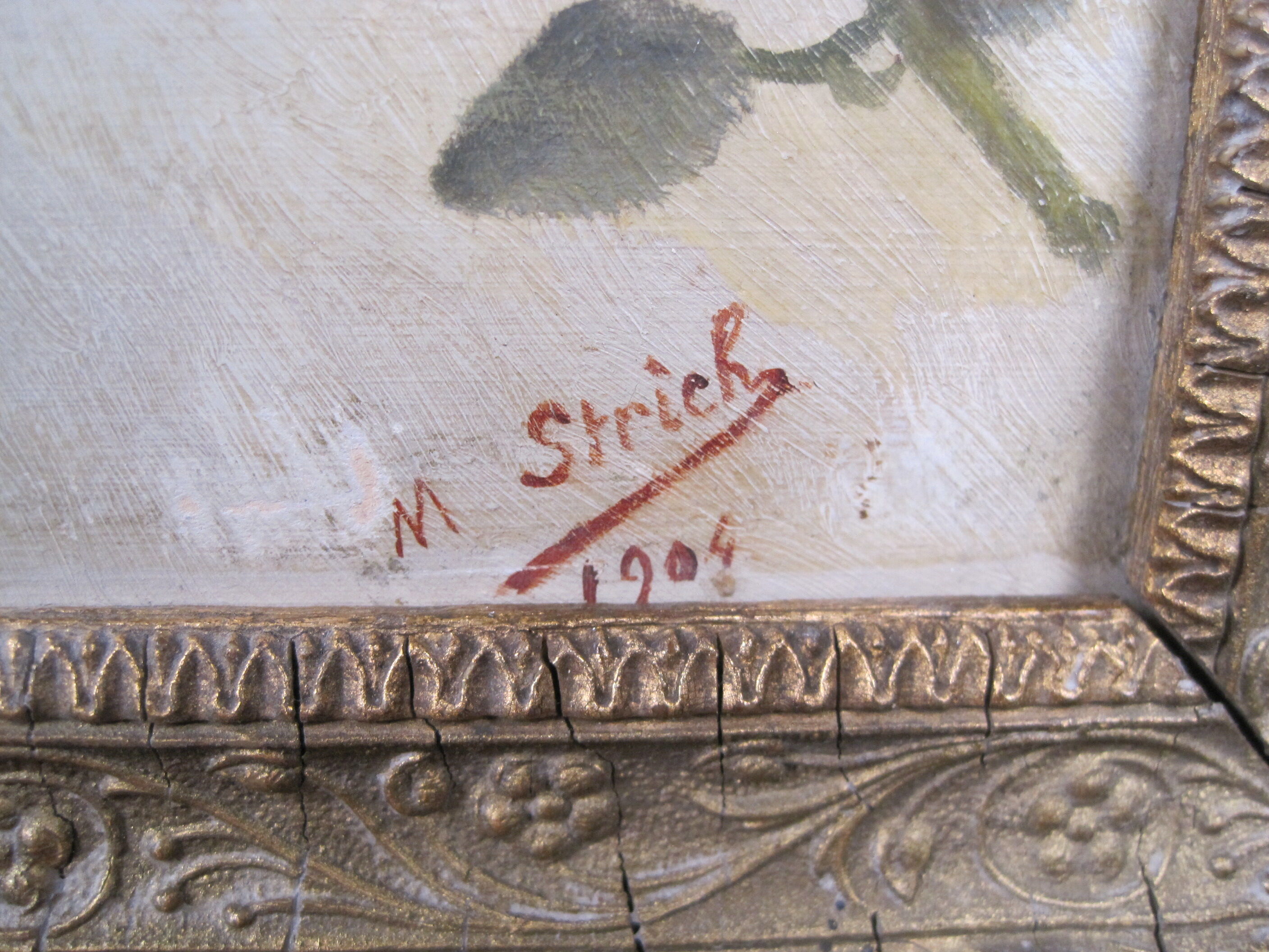 Oil on panel painting hsp white & purple clematis signed m. strich 1904