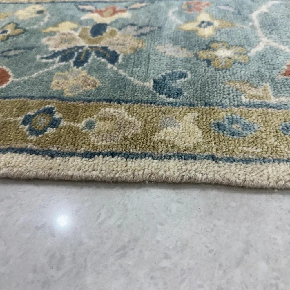 Contemporary Handmade Wool Area Rug, Ivory and Blue Floral Design Carpet for Living Room