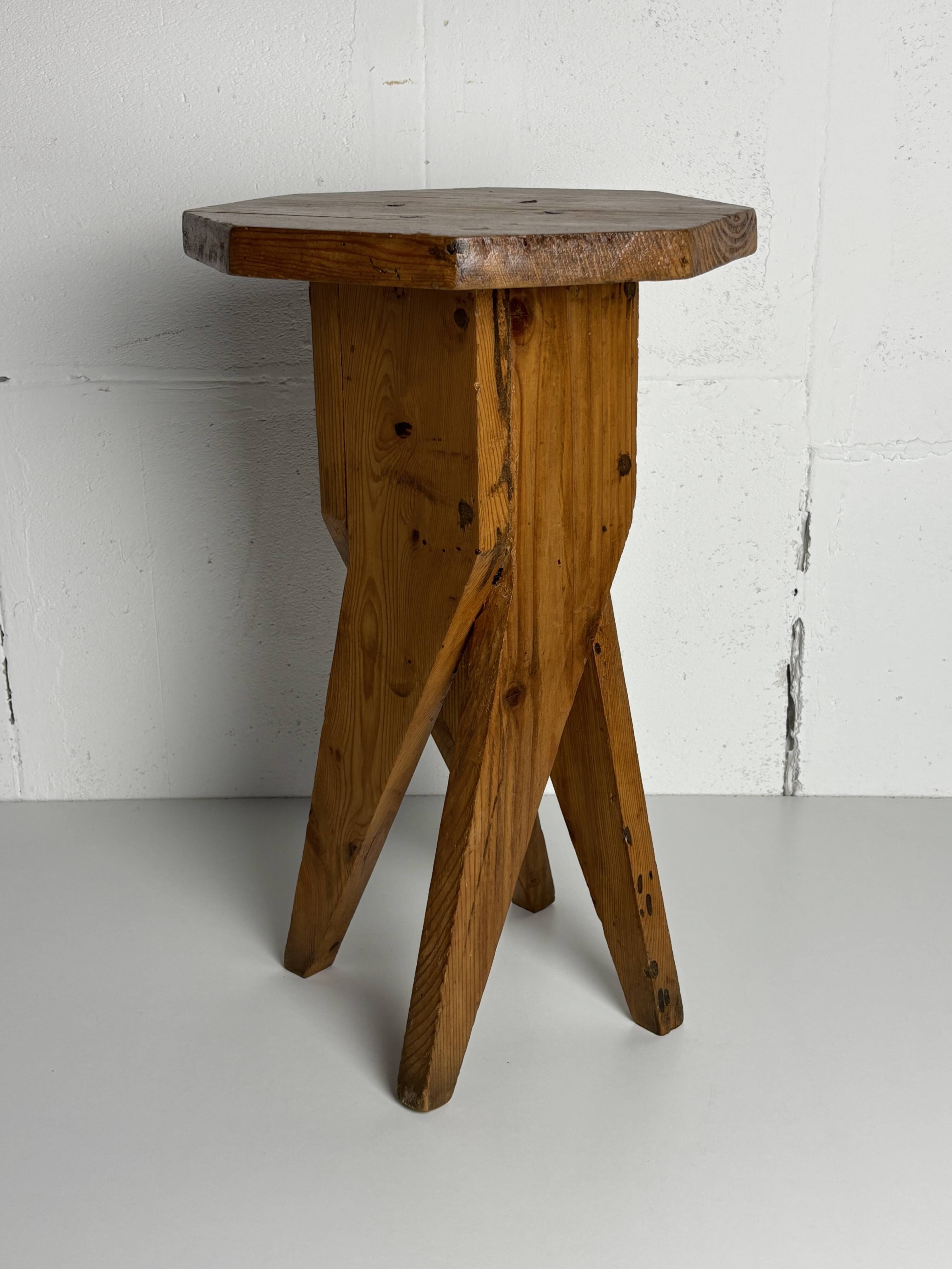 Midcentury brutalist artisanal rustic handcrafted stool, France 1960s