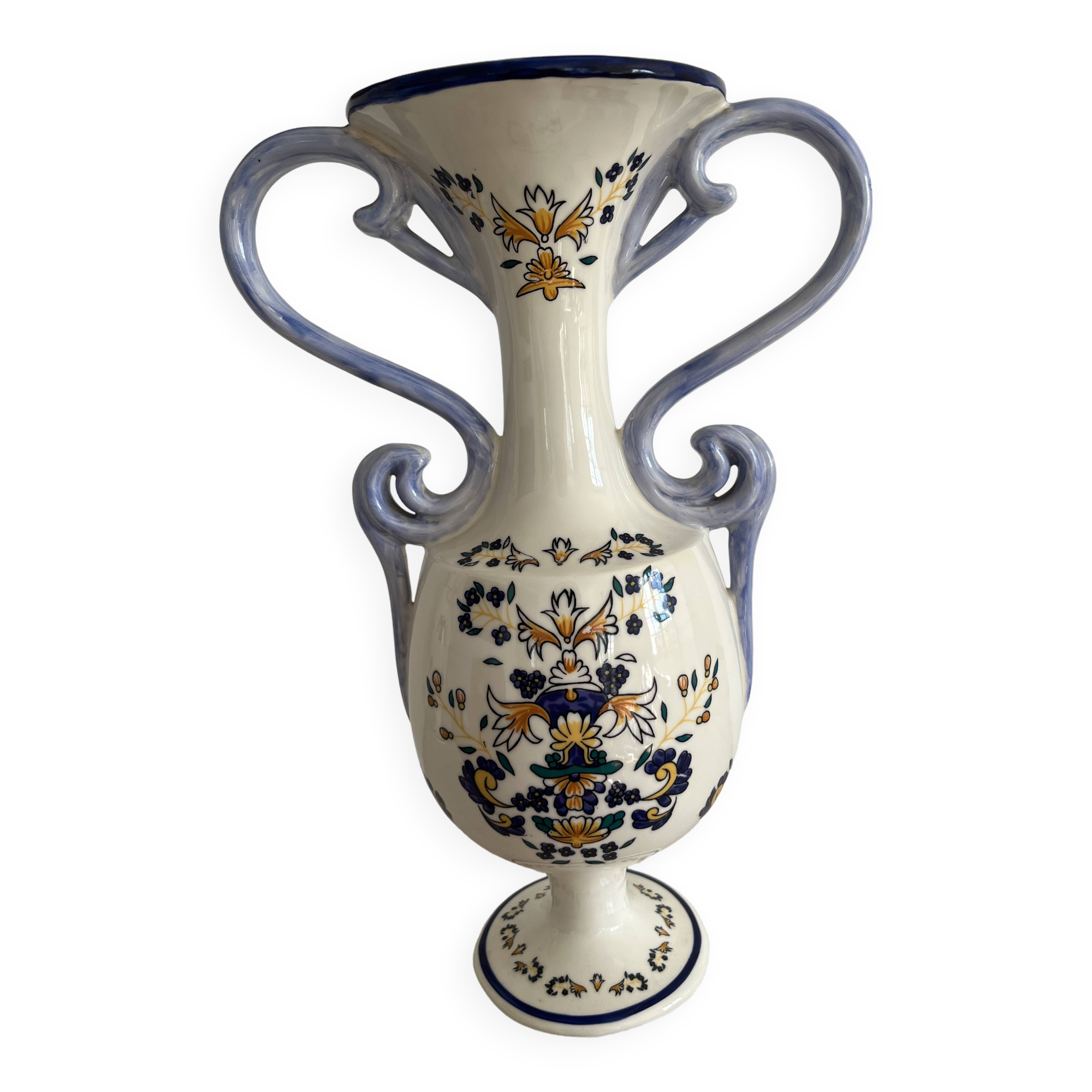 Baluster vase with handles in porcelain with floral decoration.