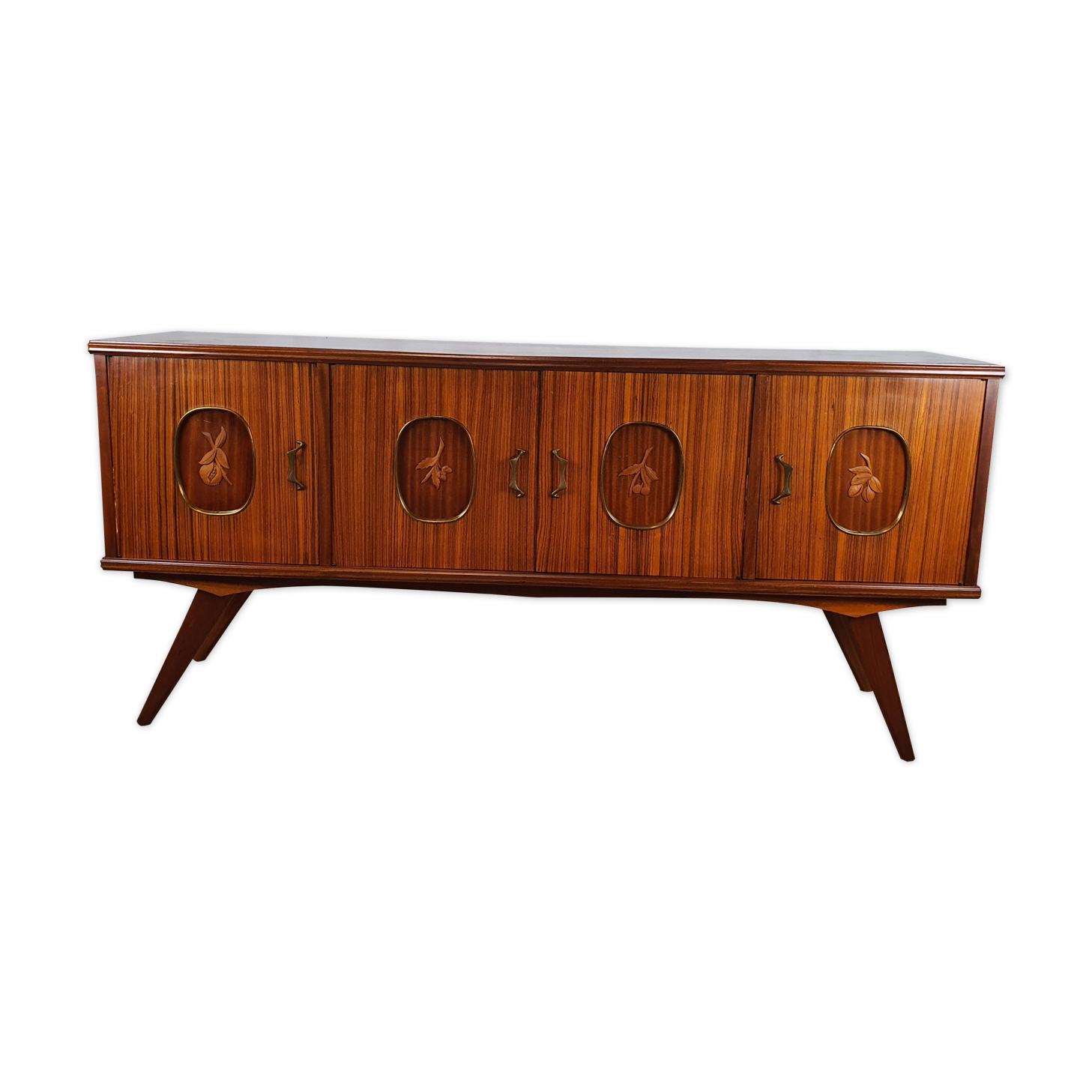 1960s sideboard with decorated doors in wood and brass