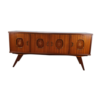 1960s sideboard with decorated doors in wood and brass