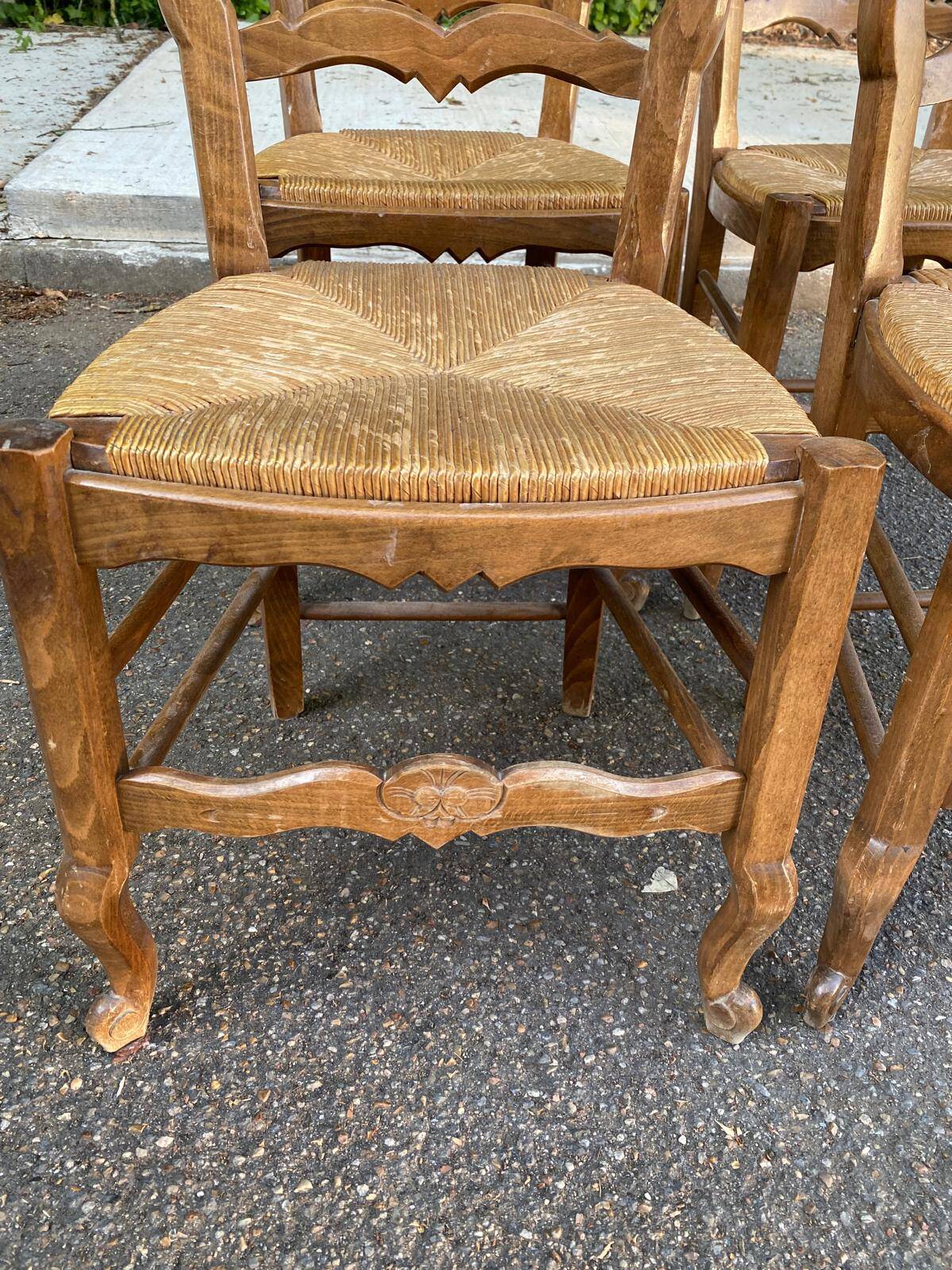 4 Louis XV chairs in solid blond oak and straw wood with shell sculptures