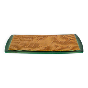 Cake dish in slipware, yellow and glass, 1970