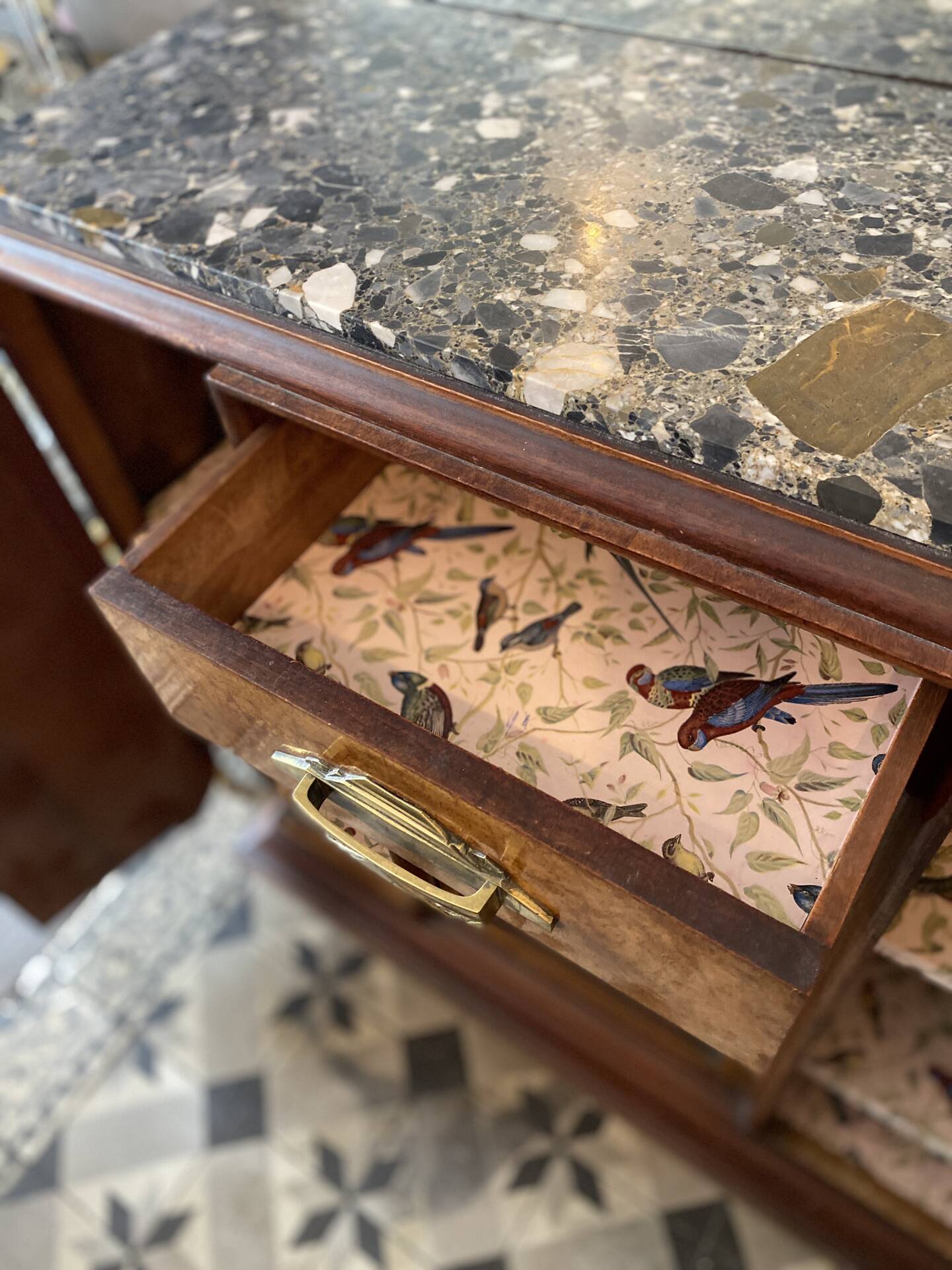 Art Deco wooden sideboard with mirror and marble