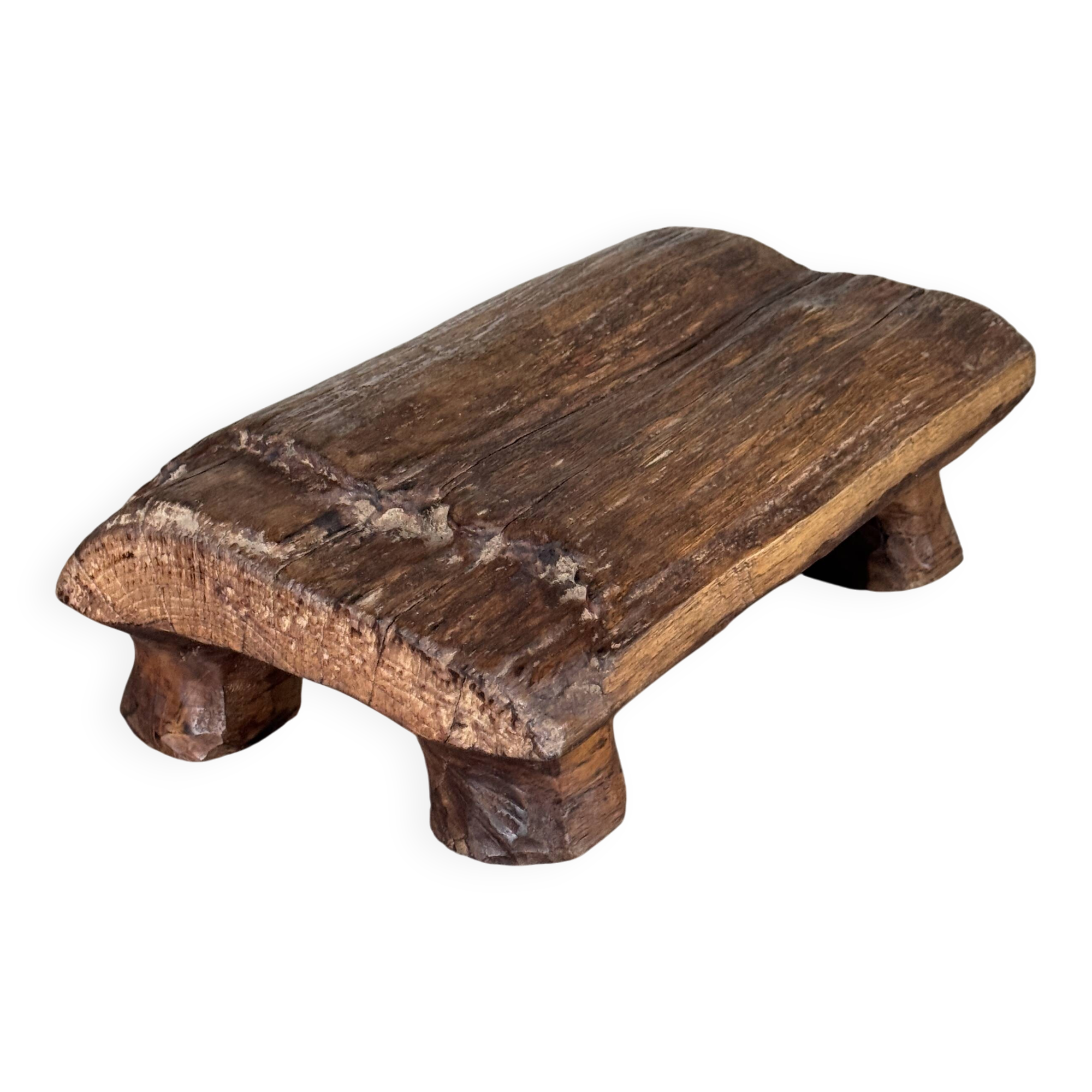 Small stool, footrest in organic blond teak monoxyle wabi-sabi L22