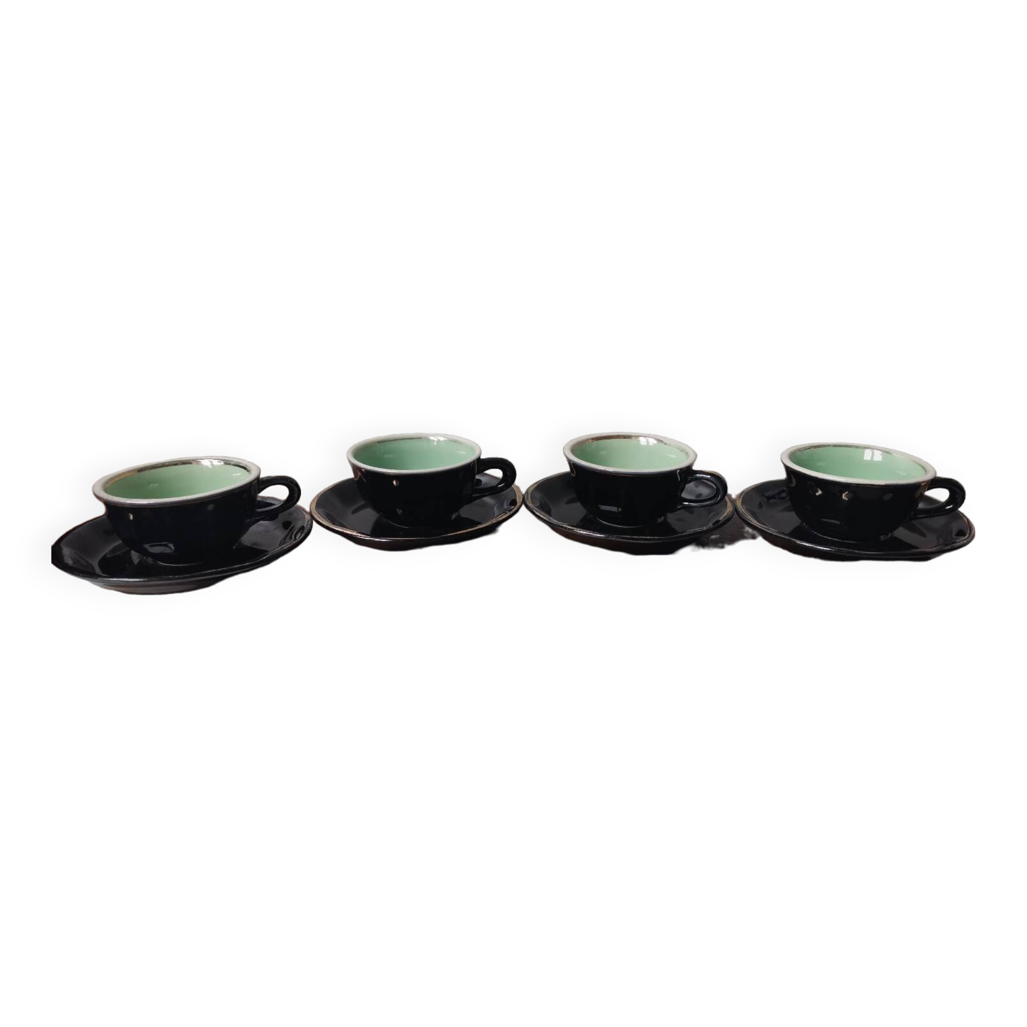 Set of 4 vintage bar cups and saucers black green and gold ets leveille mabit paris
