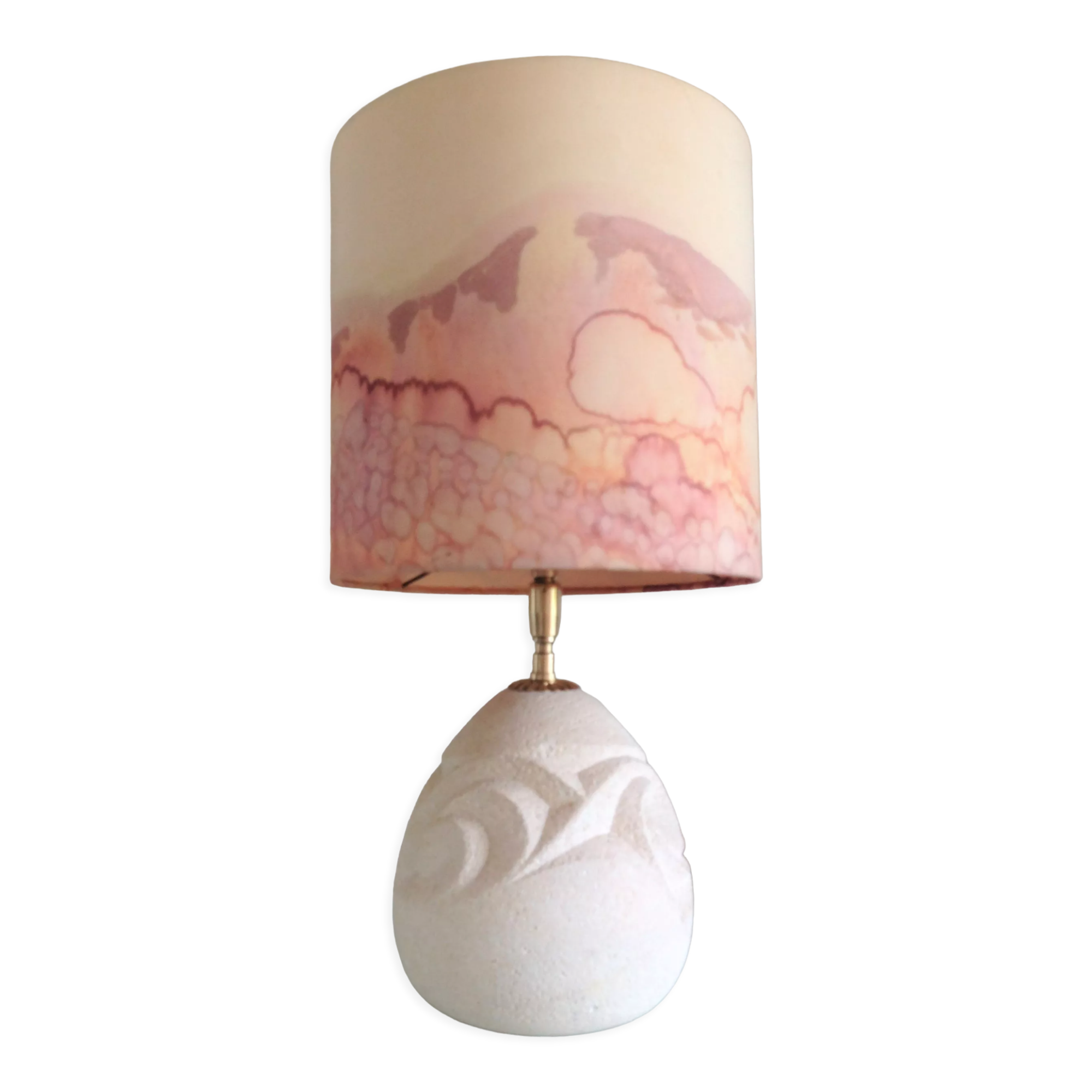 Ovoid lamp in carved stone and printed lampshade / vintage 60-70s