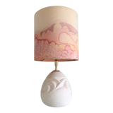 Ovoid lamp in carved stone and printed lampshade / vintage 60-70s