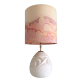 Ovoid lamp in carved stone and printed lampshade / vintage 60-70s
