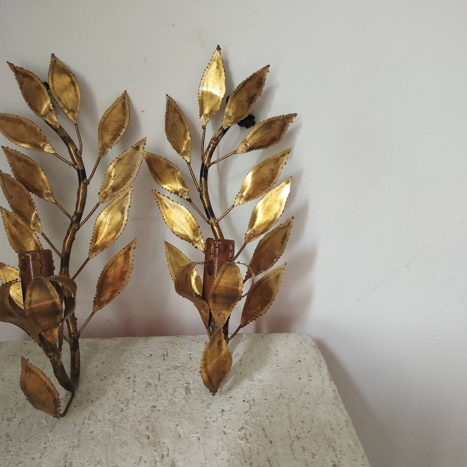Pair of gold metal floral leaf sconces