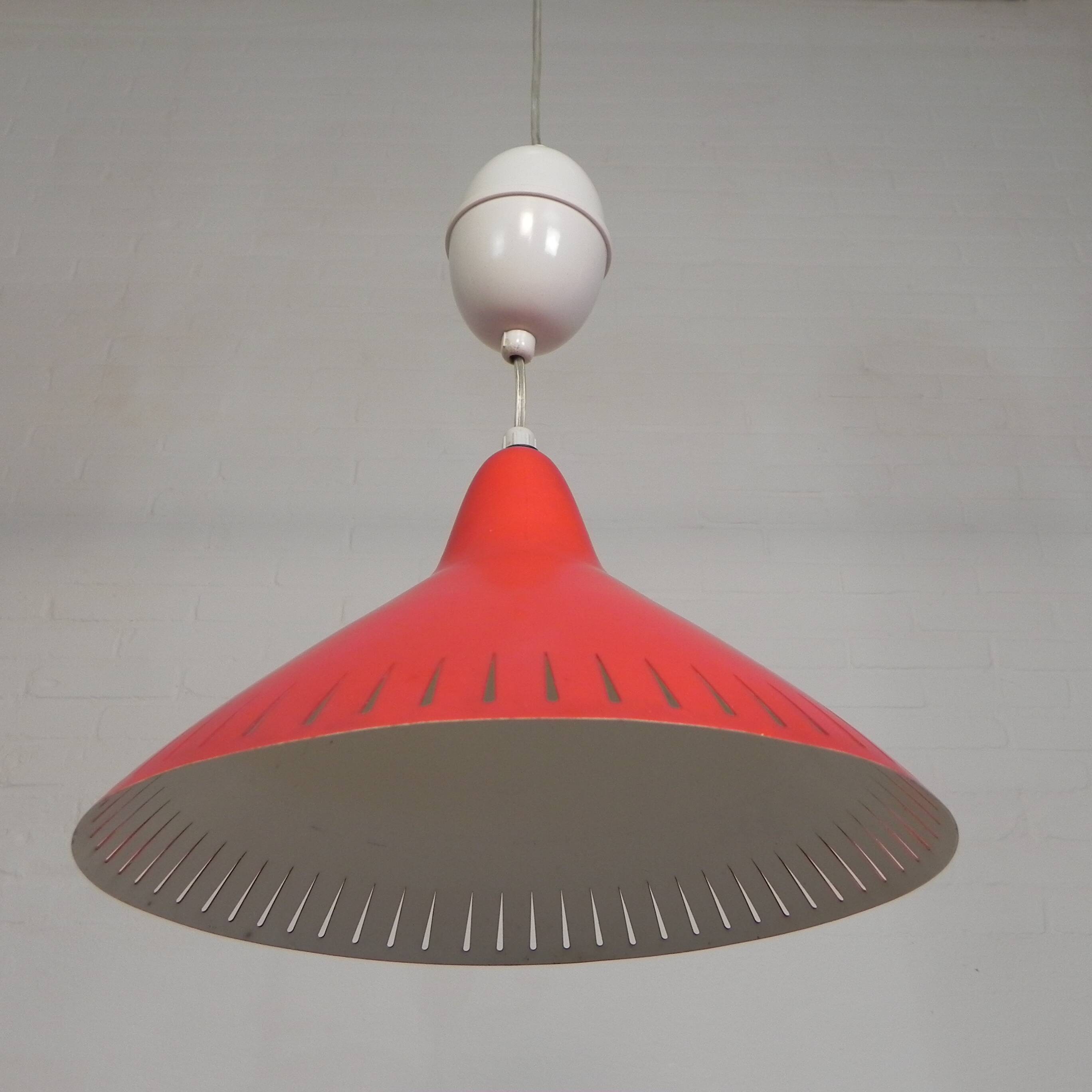 Hala suspension by H. Busquet with red shade and winding system, 1950s.