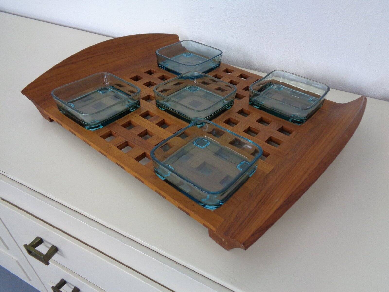 Teak tray with glass bowls by Jens Quistgaard for IHQ Dansk Designs, 1960s, set of 6.
