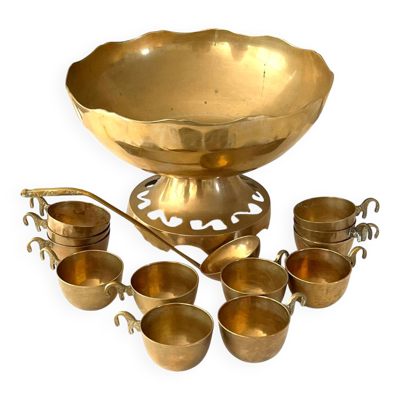 Ensemble de bol à punch en laiton avec 12 tasses, louche – Vintage français des années 50