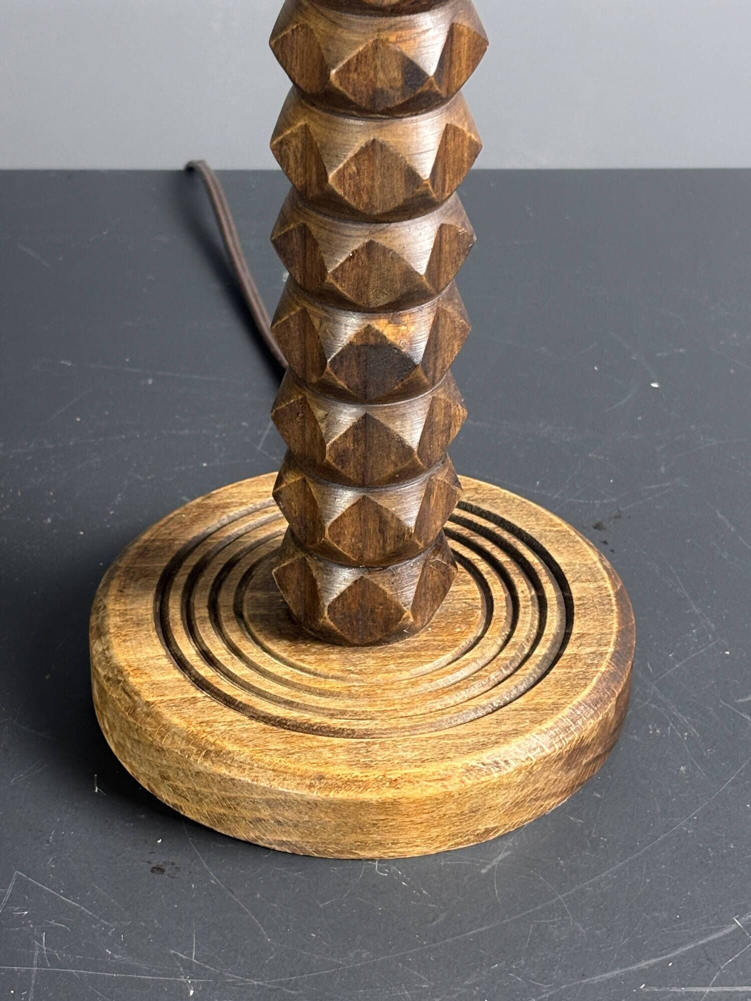 Midcentury brutalist wood turned mushroom table lamp, Charles Dudouyt style