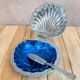 Vintage shell butter dish in silver-plated metal and blue glass – complete