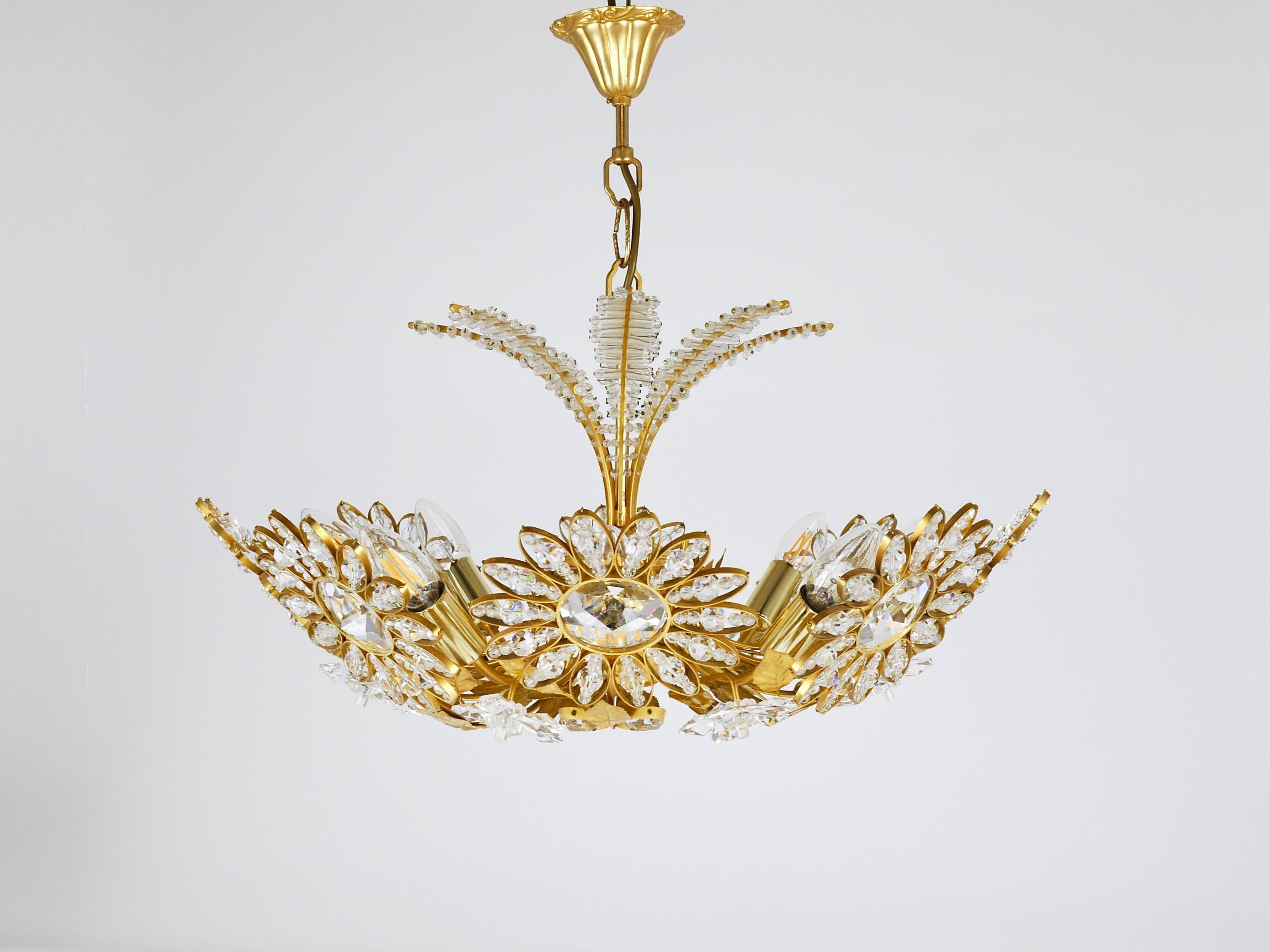 Ernst Palme Grand Chandelier Palm Tree Flower Palwa, Gilded Brass, Crystals, 1970s