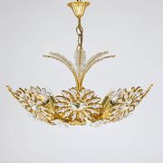 Ernst Palme Grand Chandelier Palm Tree Flower Palwa, Gilded Brass, Crystals, 1970s
