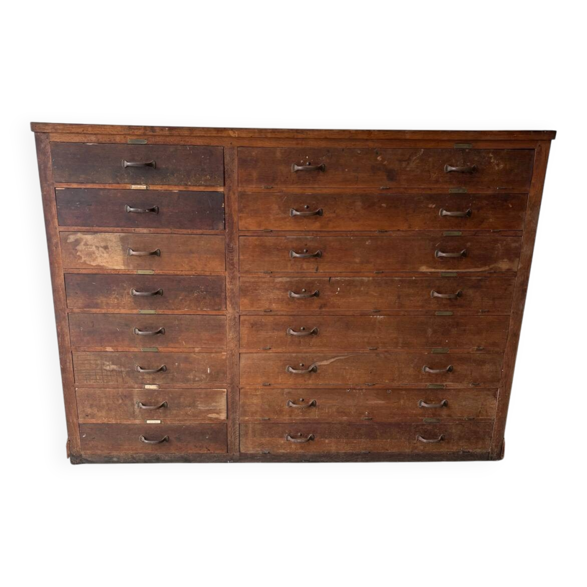 Large wooden workshop cabinet with 16 drawers, antique from the early 1900s.