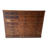 Large wooden workshop cabinet with 16 drawers, antique from the early 1900s.