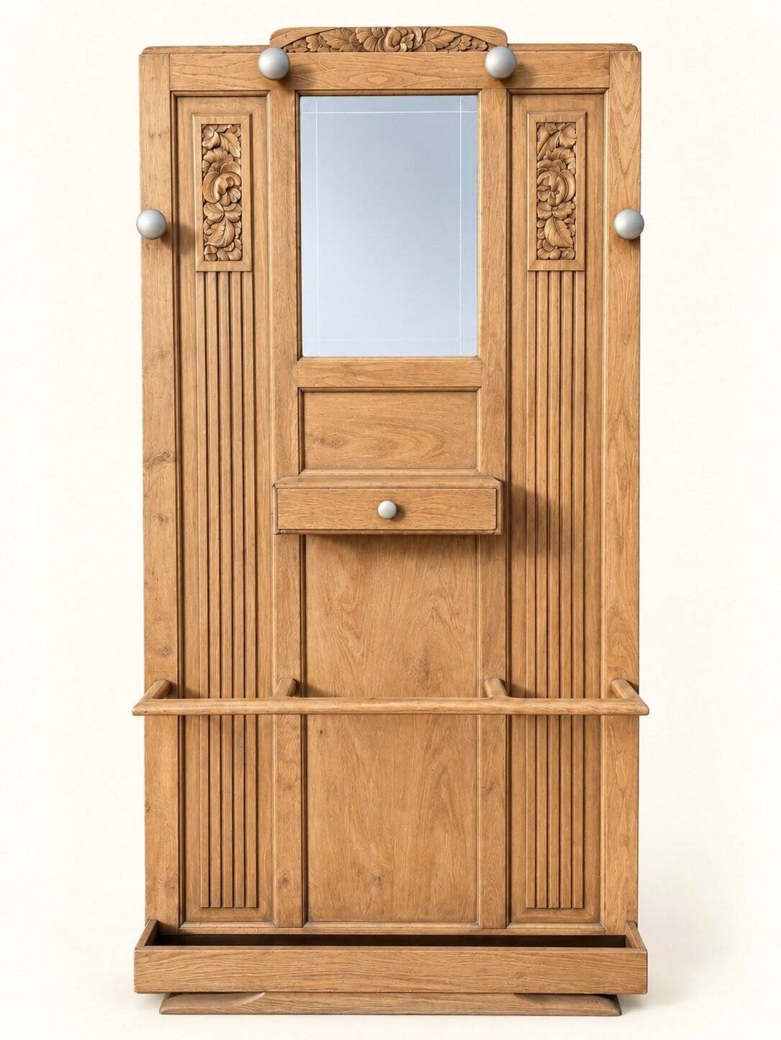 Art Deco wardrobe in carved solid oak with bevelled mirror, 1930.