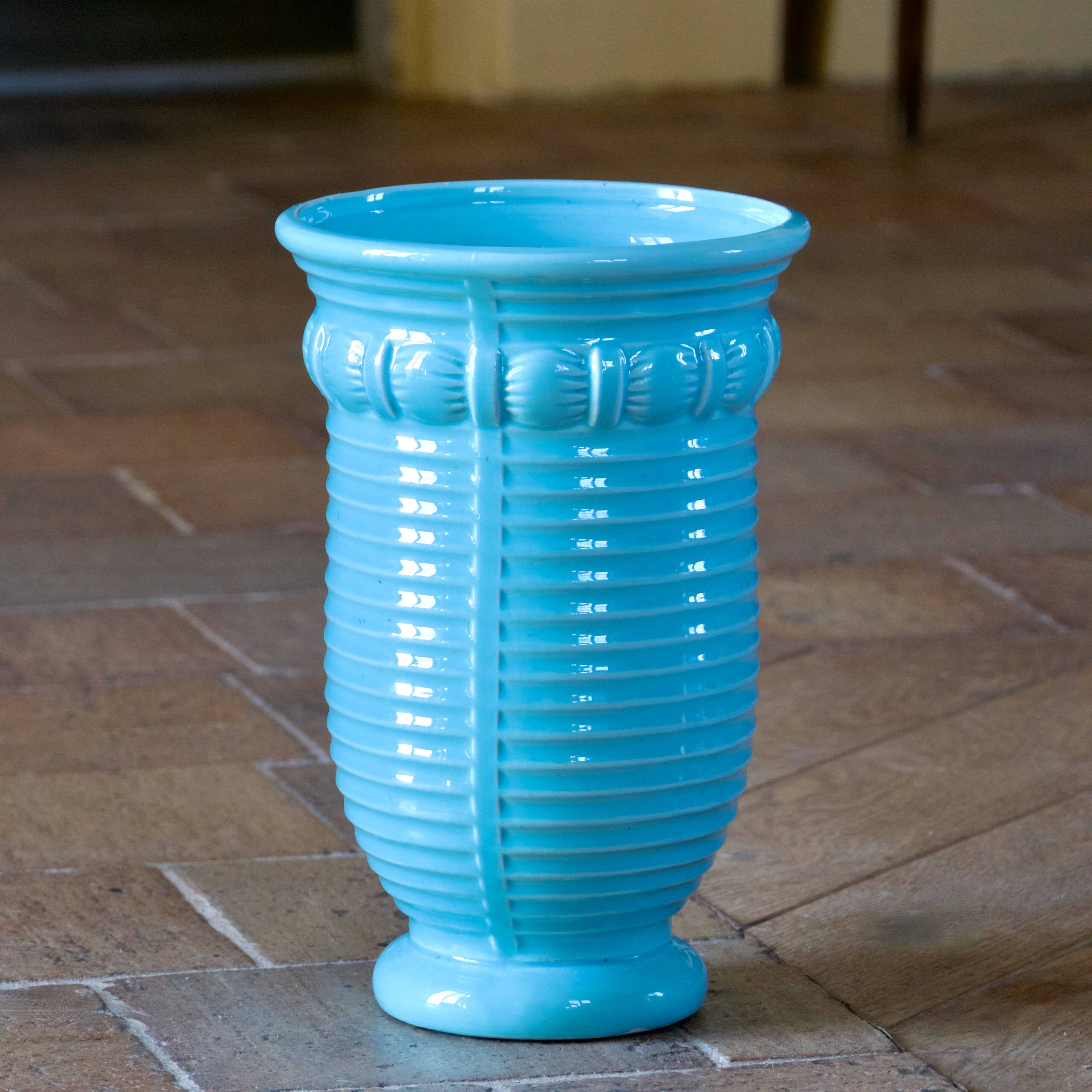 Grand vase ancien Art Deco Poël Laval, céramique émaillée turquoise