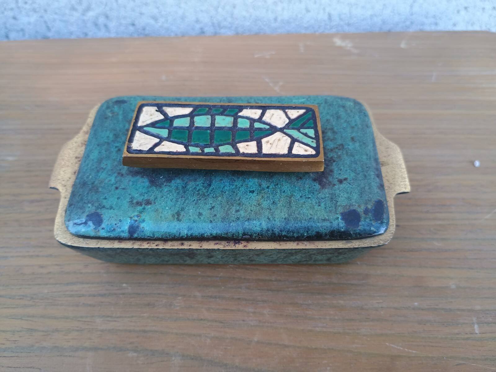Vintage Judaica box BAYAGI Israel in brass enamel mosaic fish decor