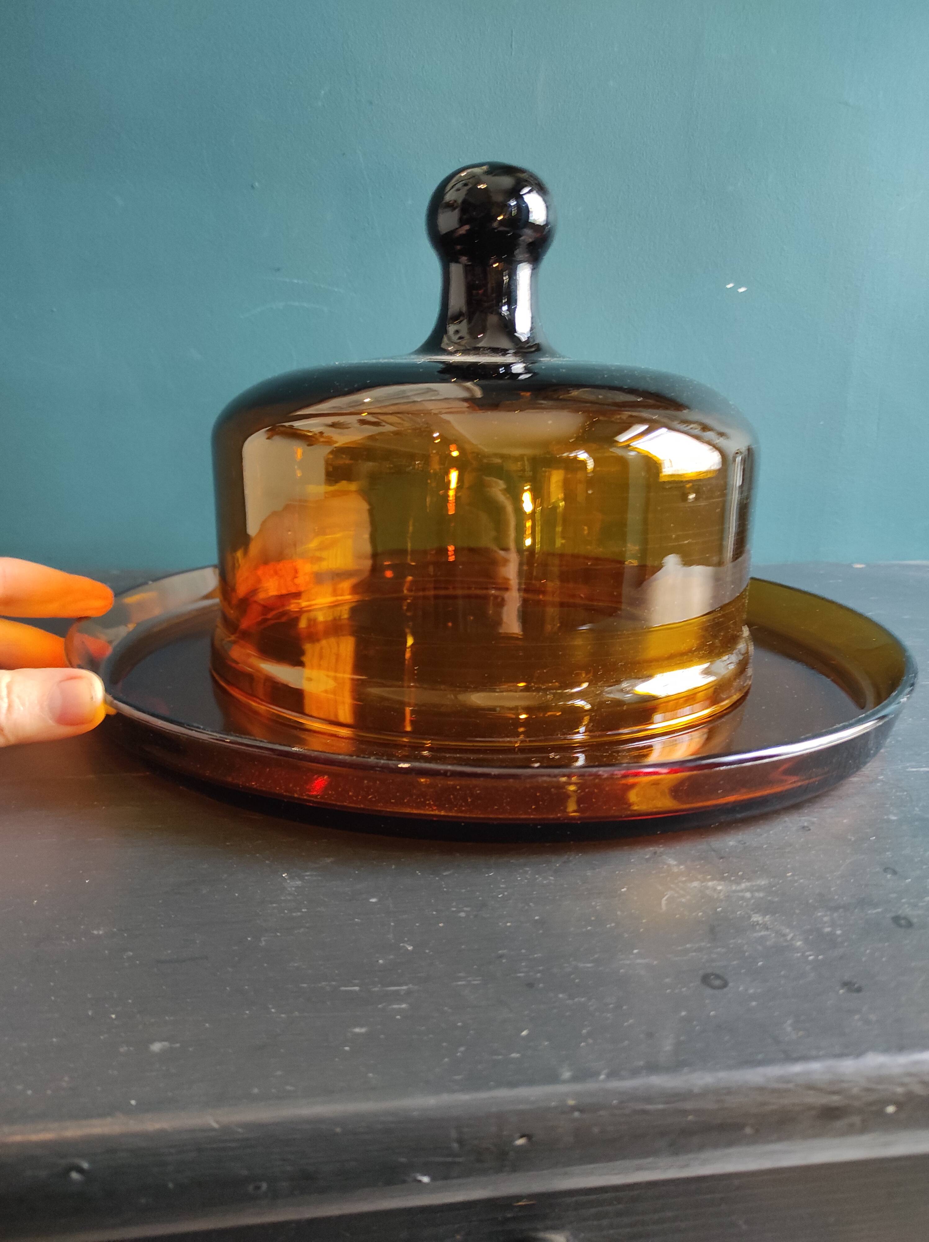 French vintage amber glass cheese dish