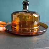 Plat à fromage vintage en verre ambré français