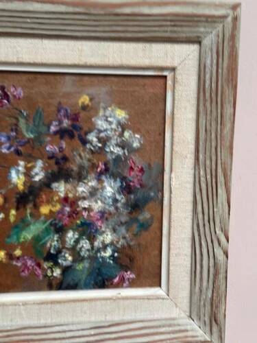 Mid-Century Oil on Panel “Flowers” by Unknown, Vintage & Framed