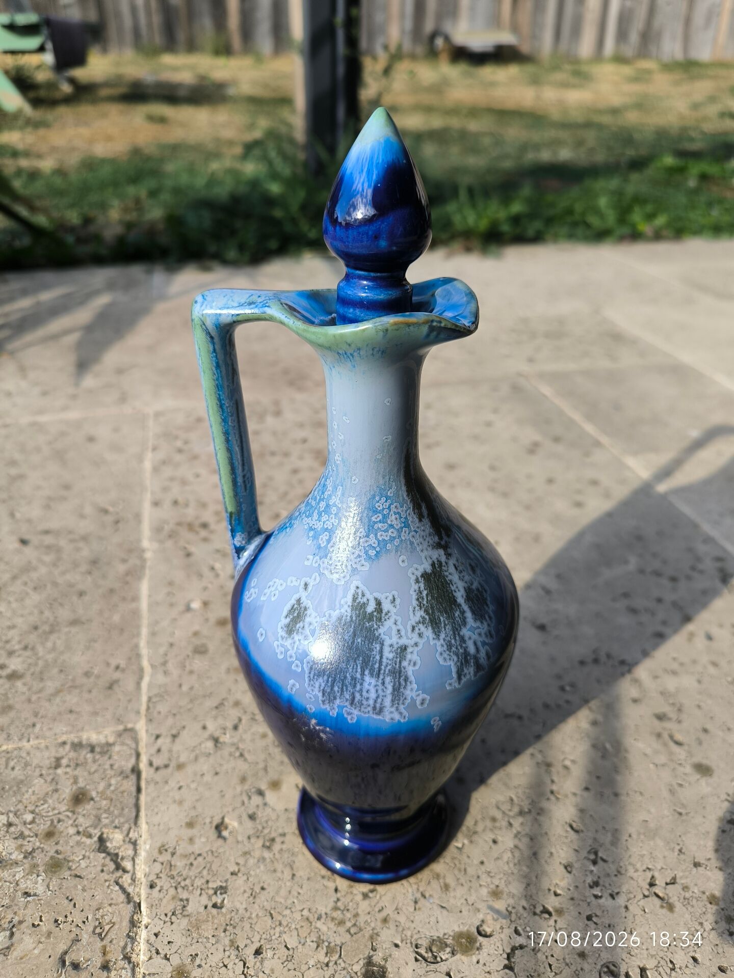 Vintage cobalt blue glazed ceramic carafe / jug – lid