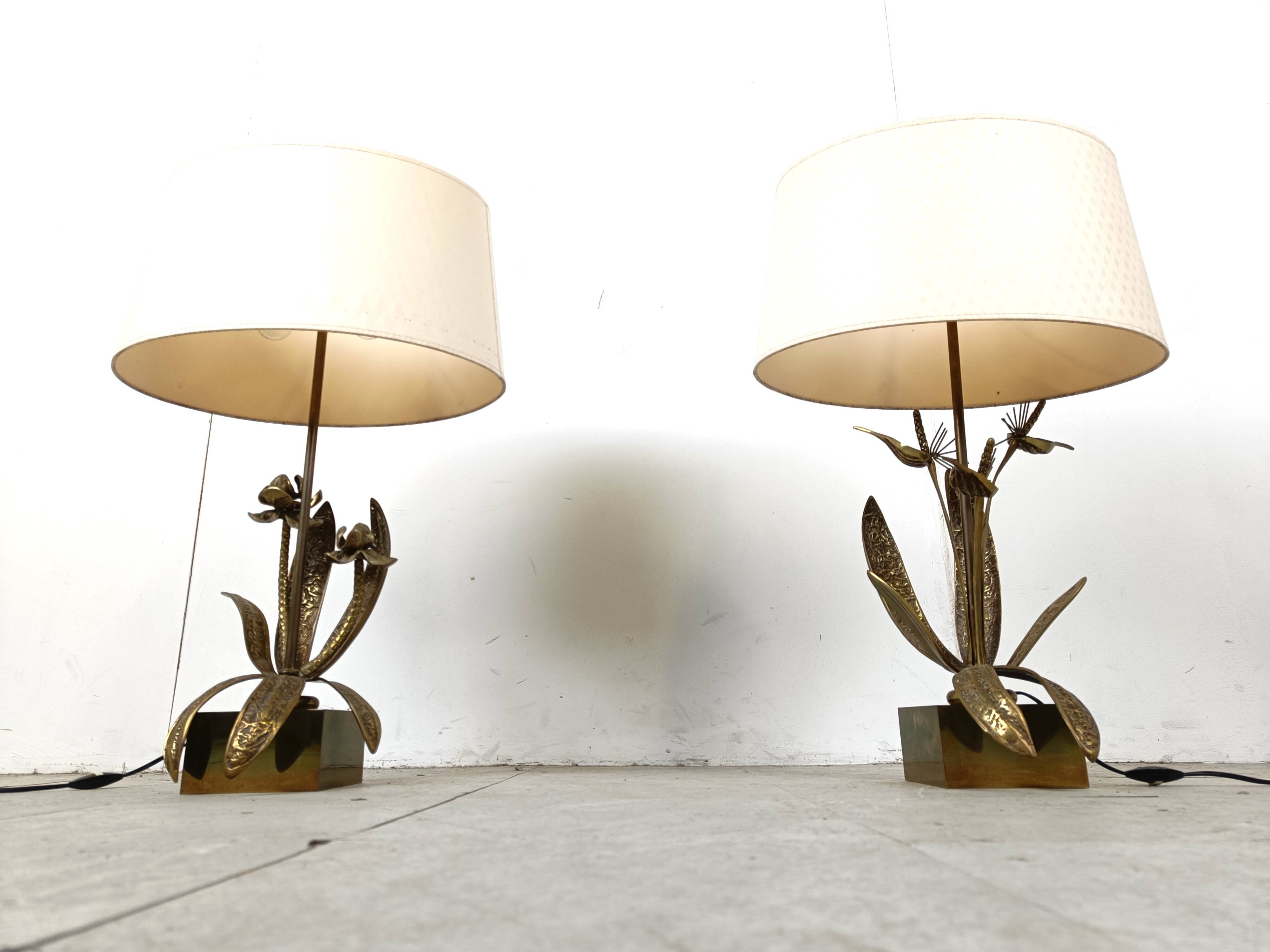 Pair of brass floral table lamps, 1970s