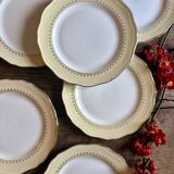 Set of 6 vintage white dinner plates with yellow and gold trim.