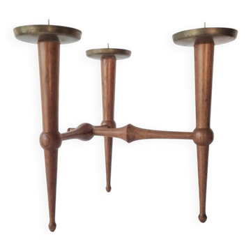 Midcentury Teak and Brass Rare Table Candle Holder / Stick, Denmark, 1960s