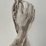 Painting signed watercolor monochrome sepia study statue “Rodin’s Cathedral”